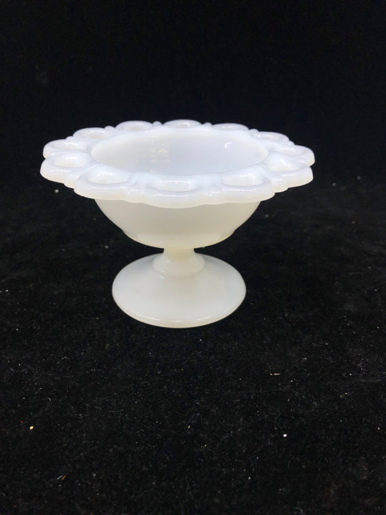 VTG LACE EDGE FOOTED MILK GLASS DISH.