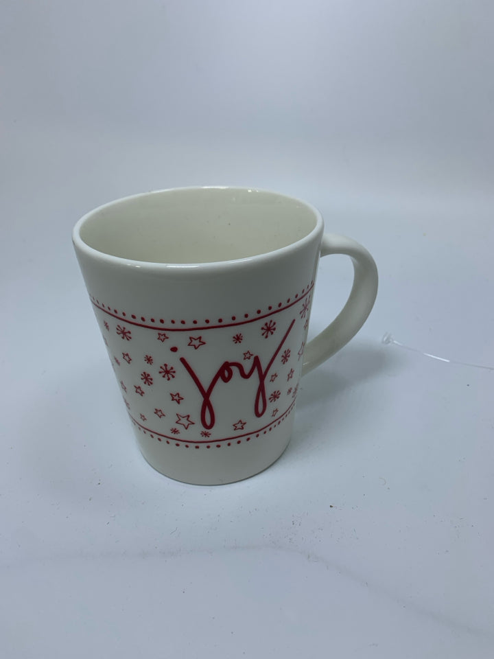 WHITE ROYAL DOULTON "JOY" MUG W/ RED SNOWFLAKES.