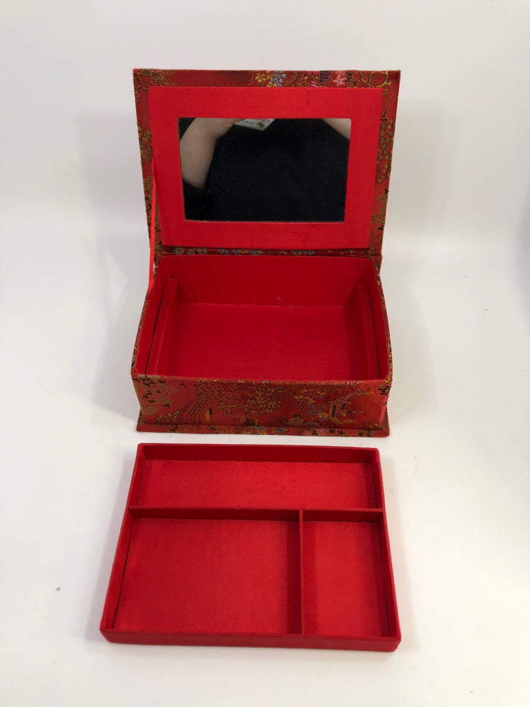 RED CHINESE BROCADE FABRIC TRINKET BOX.