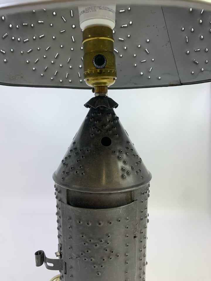 PRIMITIVE STYLE CHISEL PUNCHED TIN TABLE LAMP.