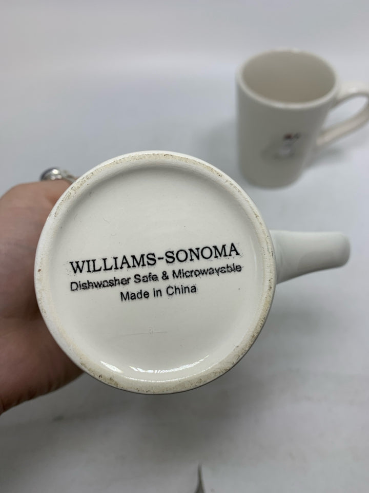 2 WILLIAM-SONOMA WHITE SNOWMAN MUGS.