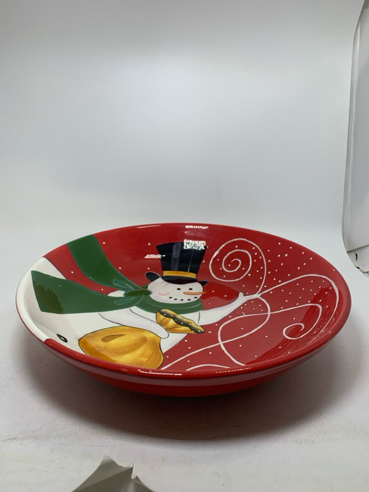 DANSK RED LARGE SERVING BOWL W/ PAINTED SNOWMAN.