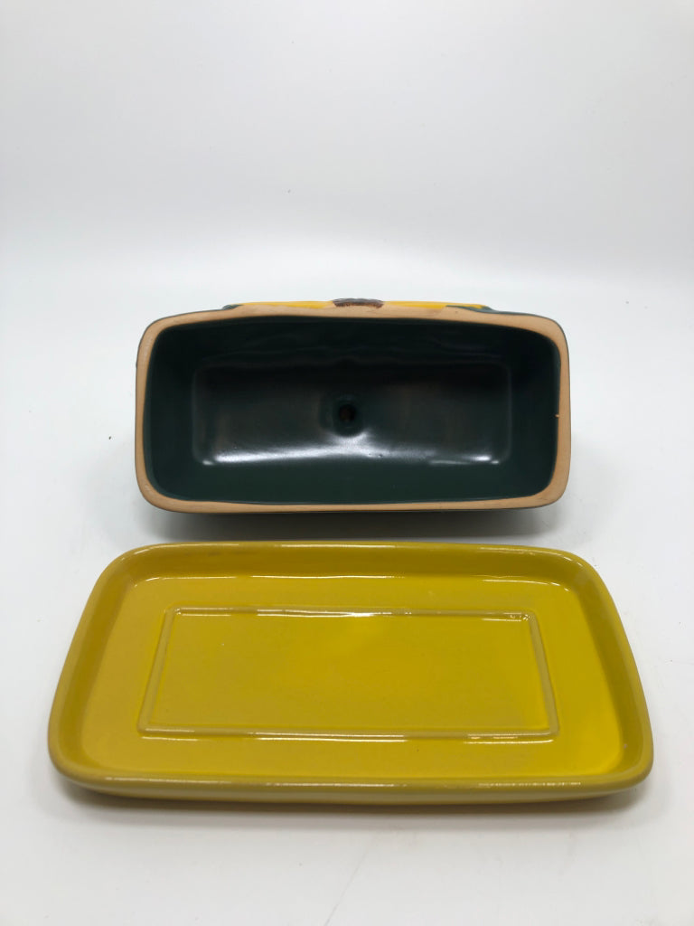 GREEN SUNFLOWER COVERED BUTTER DISH.