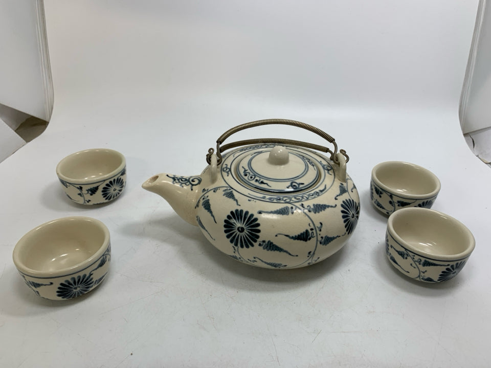 5 PC CREAM W/ BLUE FLORAL DETAIL JOYCE CHEN ASIAN STYLE TEA SET METAL HANDLES.