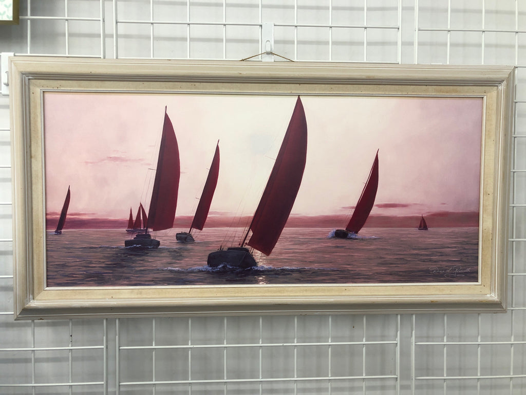 PINK SAILBOAT PAINTING IN WOOD FRAME WALL ART.
