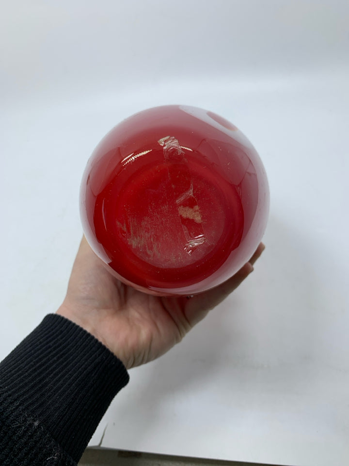 HEAVY RED BLOWN GLASS VASE W/ WHITE CIRCLES.
