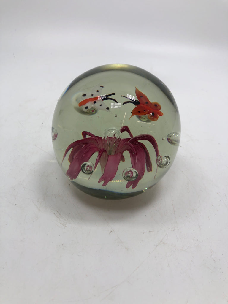 BUTTERFLIES OVER FLOWER GLASS PAPERWEIGHT.