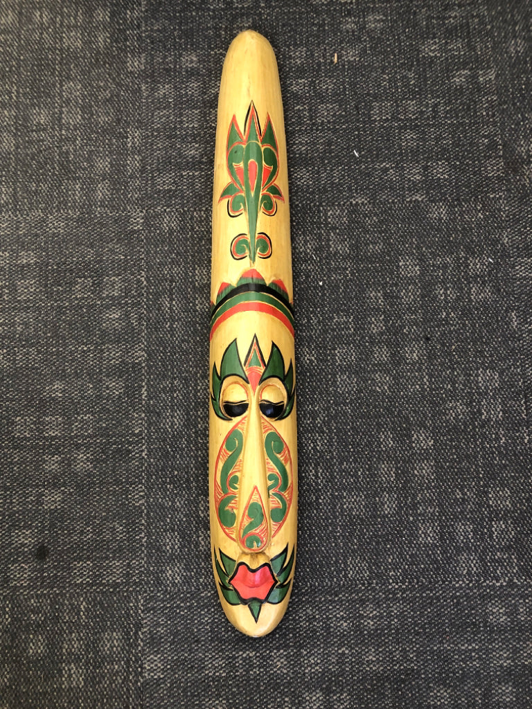 RED AND GREEN PAINTED CARVED MASK.