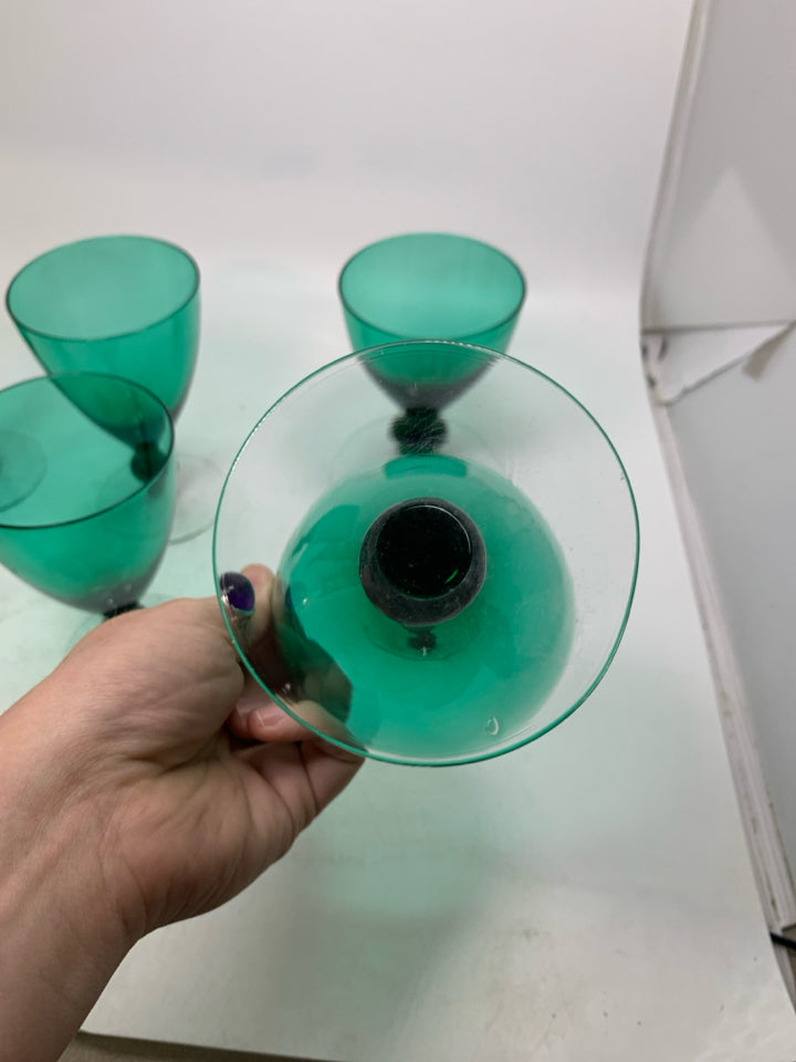 6 CLEAR STEM EMERALD GREEN GLASSES.