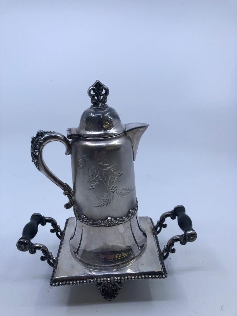 VTG SILVER CARAFE ON WARMING STAND W HANDLES.