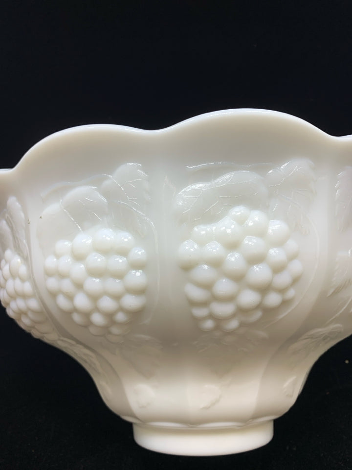 VTG RUFFLED EDGE MILK GLASS PUNCH BOWL W/EMBOSSED GRAPES.