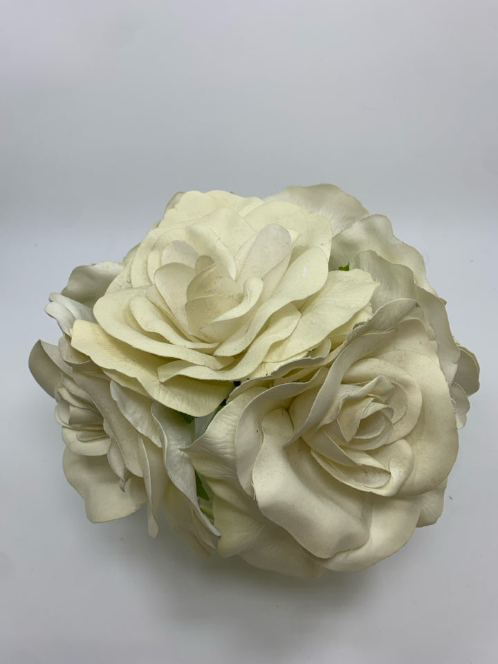 WHITE FAUX ROSES IN SQUARE GLASS VASE.