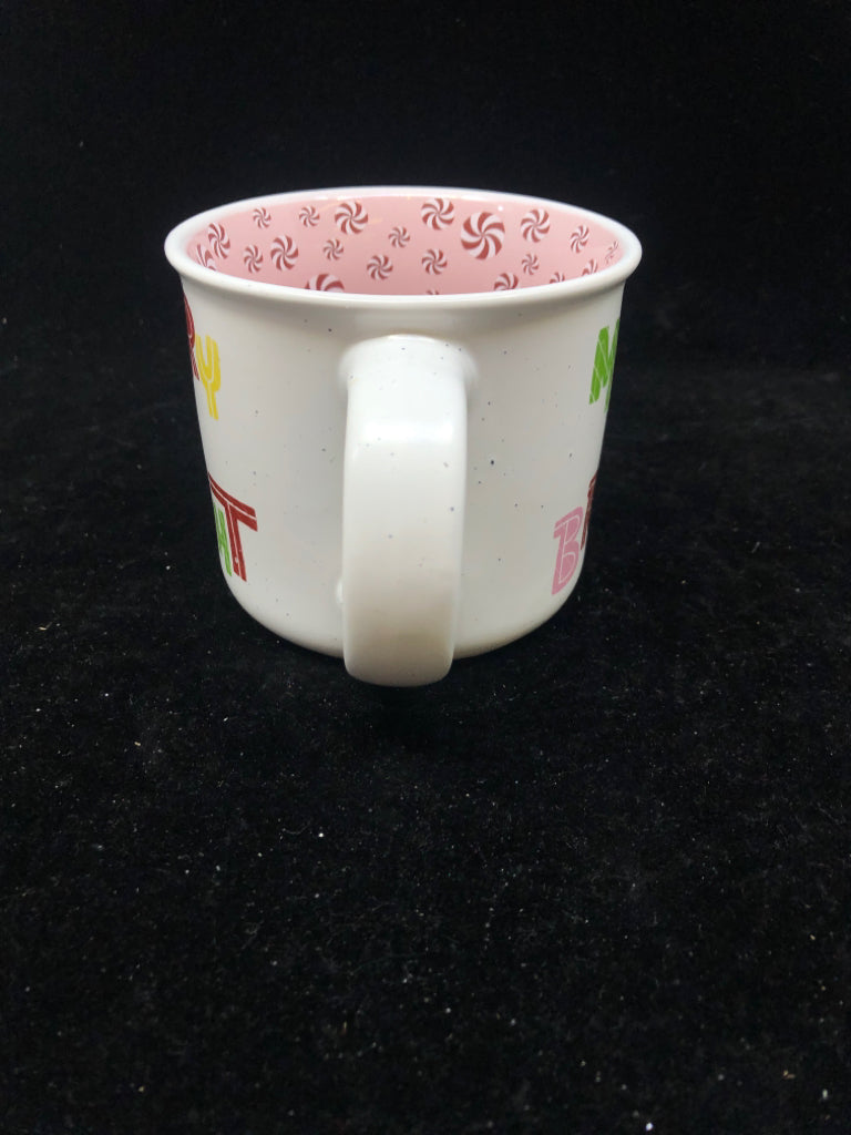 MERRY & BRIGHT MUG W/ CIRCLE PEPPERMINT CANDIES INSIDE.