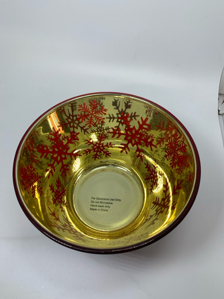 RED GLASS PLANTER W/ GOLD SNOWFLAKES.