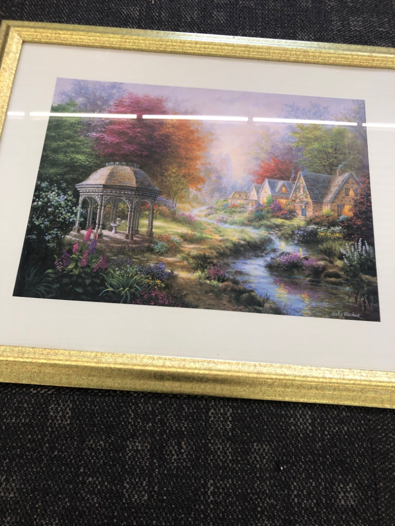 GAZEBO VILLAGE SCENE W/ COLORFUL TREES IN GOLD FRAME WALL ART.