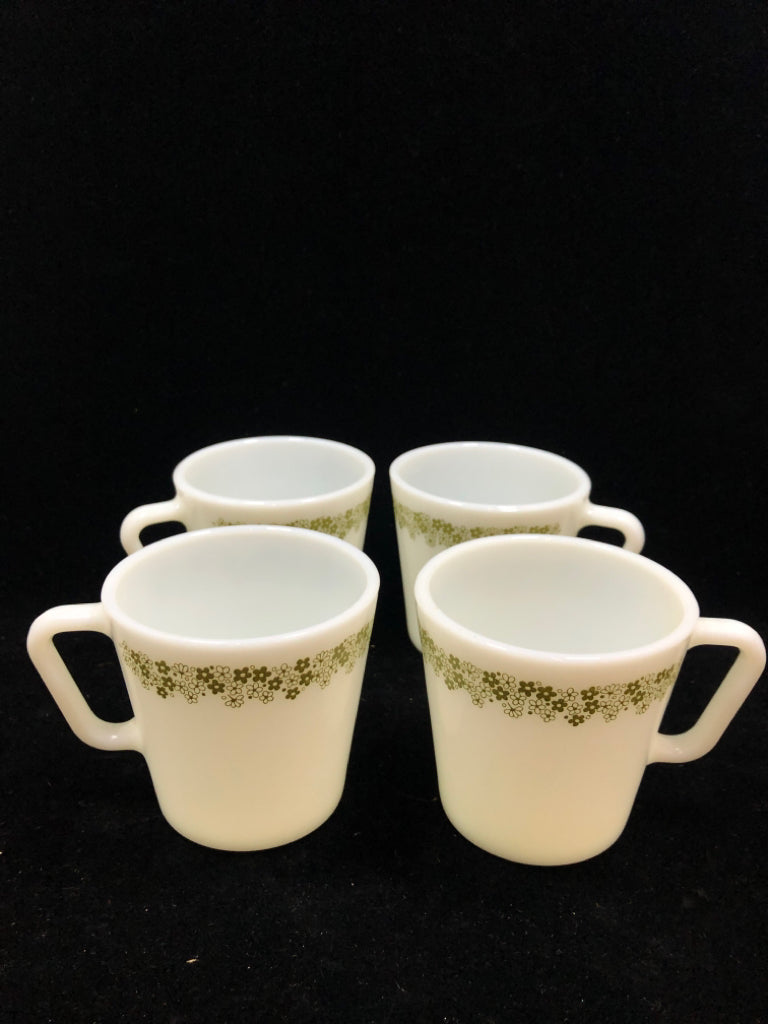 4 CORELLE GREEN FLOWER CUPS.