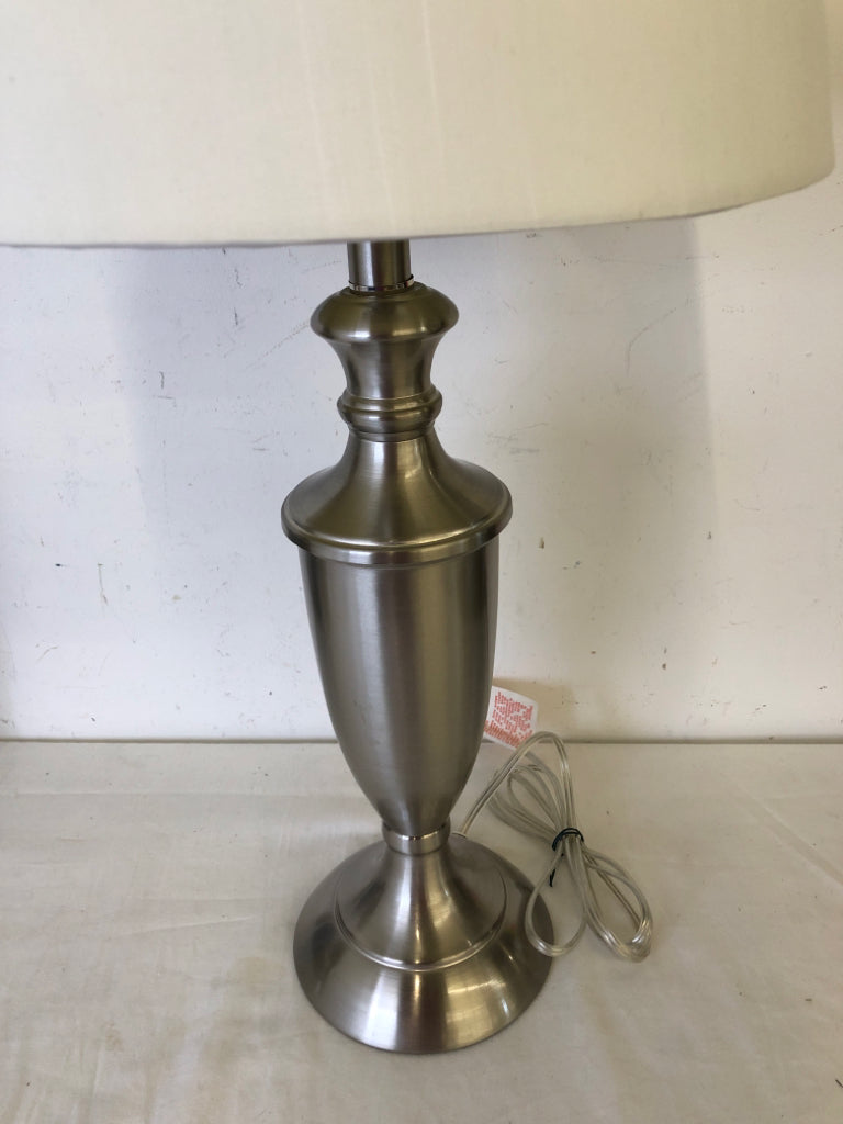 SILVER BASE LAMP W WHITE SHADE.