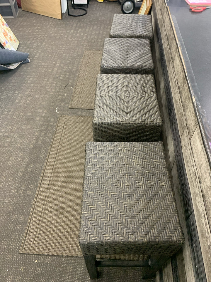 4 GREY WOVEN STOOLS.