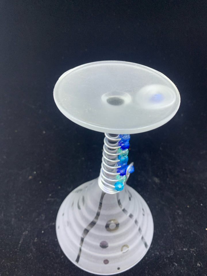 2 FROSTED GLASS W/BLUE BEADS MARTINI GLASSES.