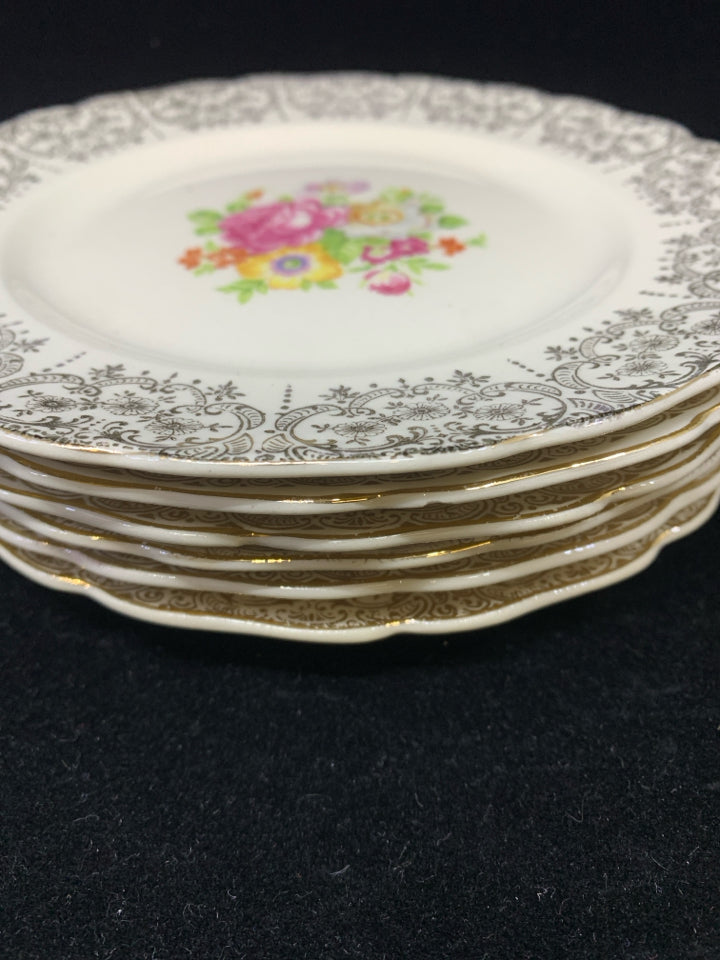 6 VTG BREAD PLATES IVORY GOLD DESIGN W/ COLORFUL BOUQUET.