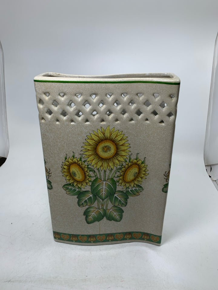 CRACKLE DETAILED NARROW VASE W/ PRINTED SUNFLOWERS PIERCED TOP.