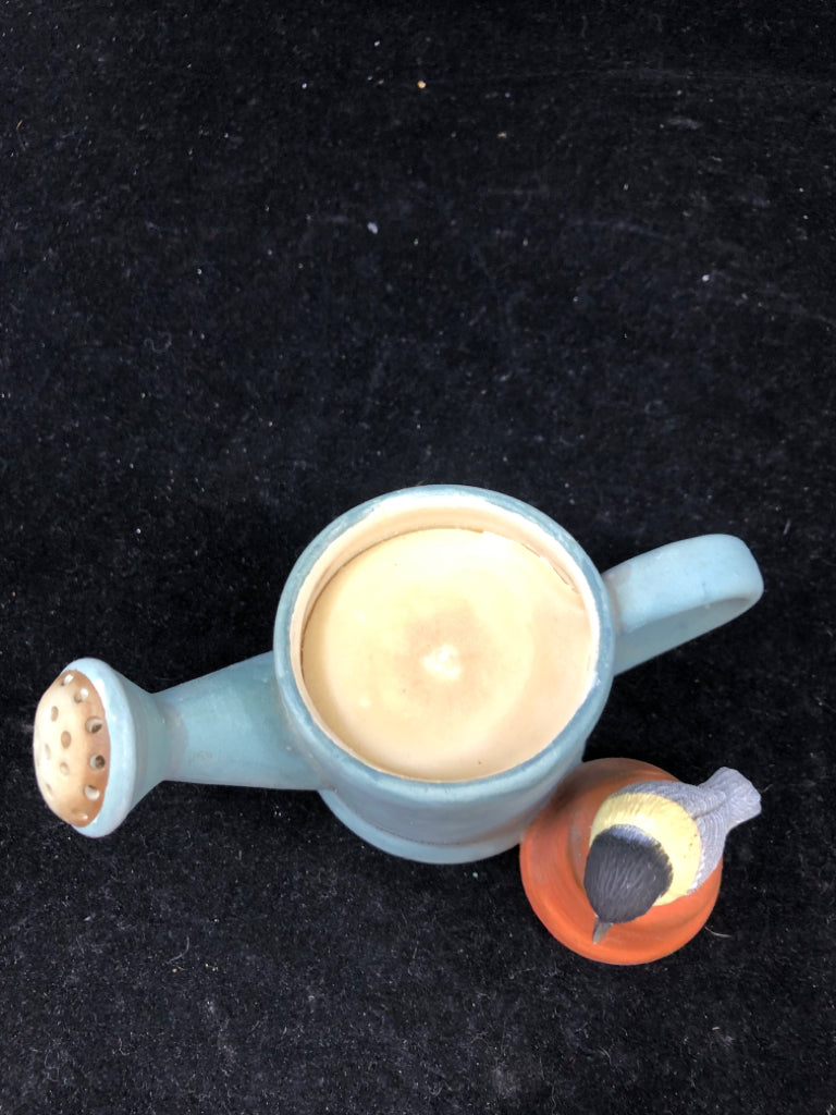 CERAMIC BLUE WATERING CAN W/ BIRD CANDLE.