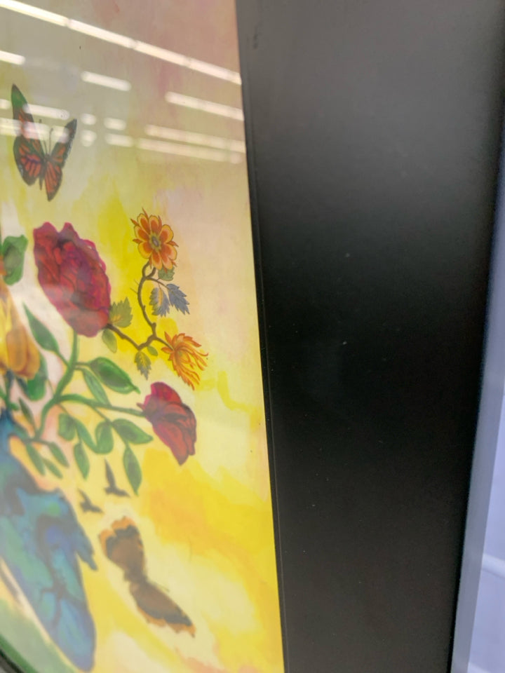 HEART, BIRD & FLOWER PICTURE W/NEST IN BLACK FRAME.