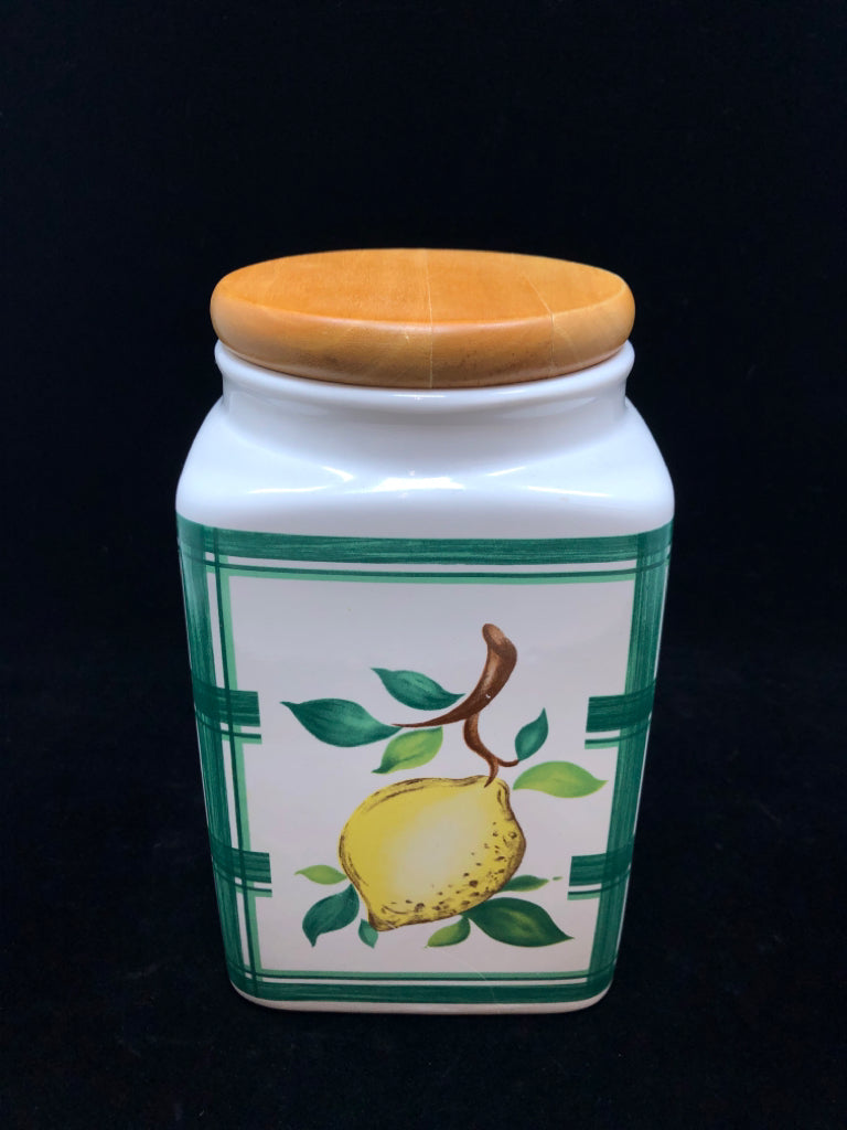 LEMON PAINTED GREEN PLAID CANISTER W/BAMBOO LID.