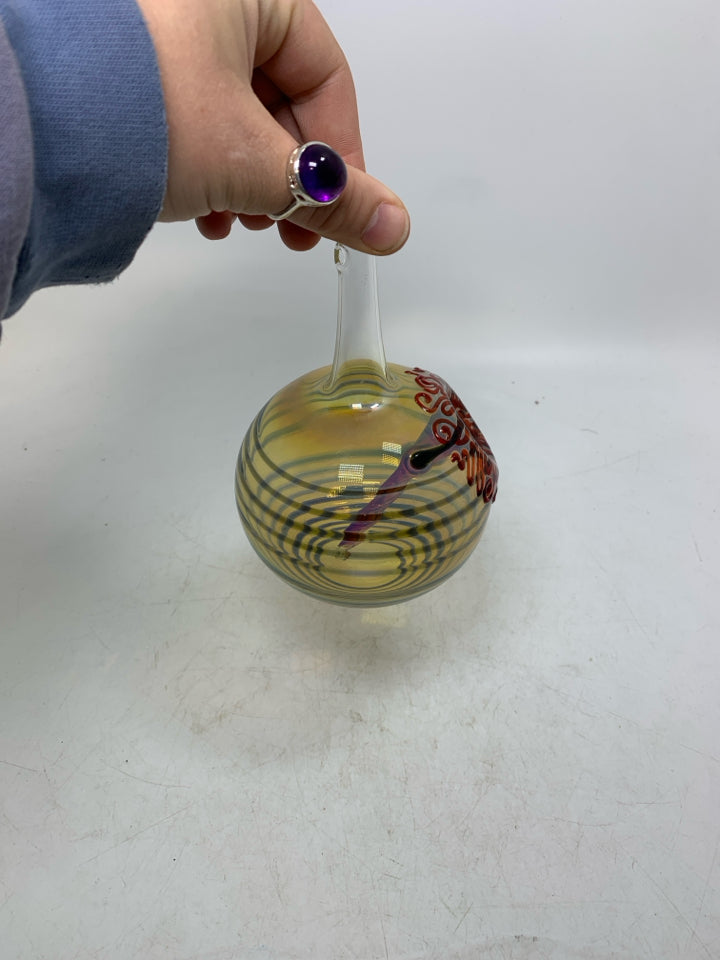 BLOWN GLASS ORB STRIPED W/ RED FLOWER IN CENTER HANGING VASE/HUMMINGBIRD FEEDER