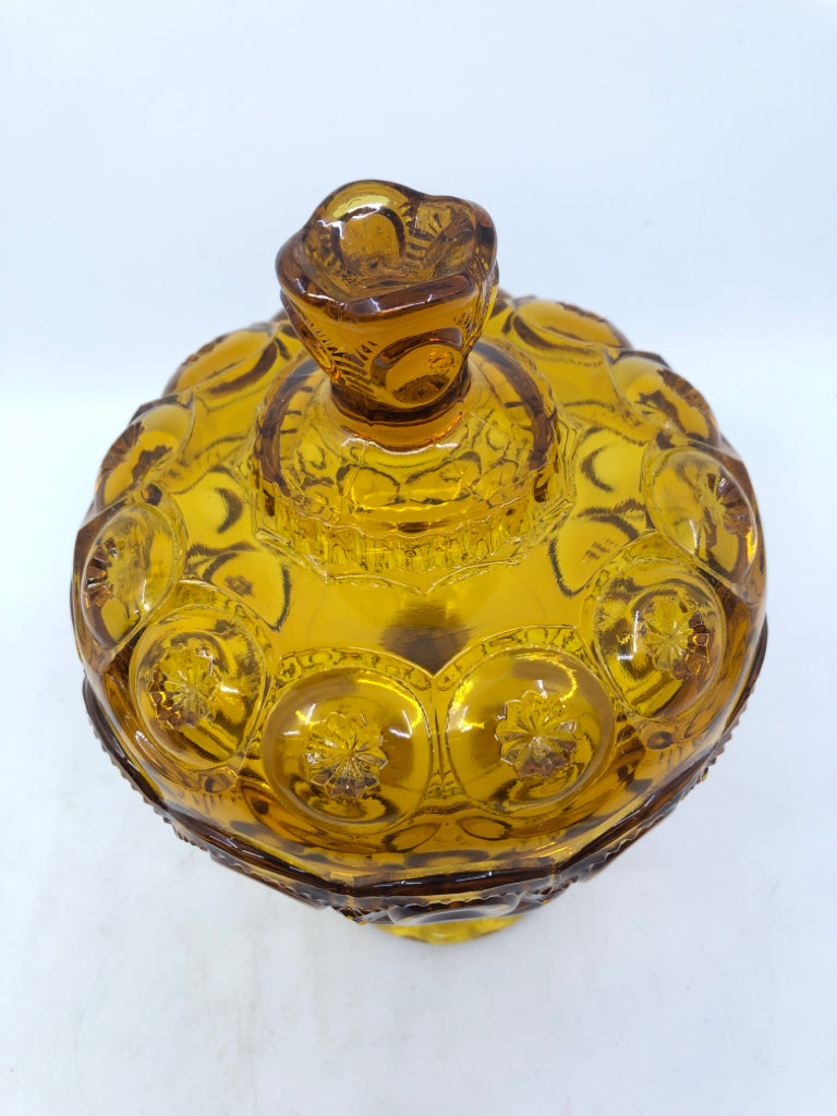 VTG FOOTED AMBER GLASS EMBOSSED CANDY DISH.