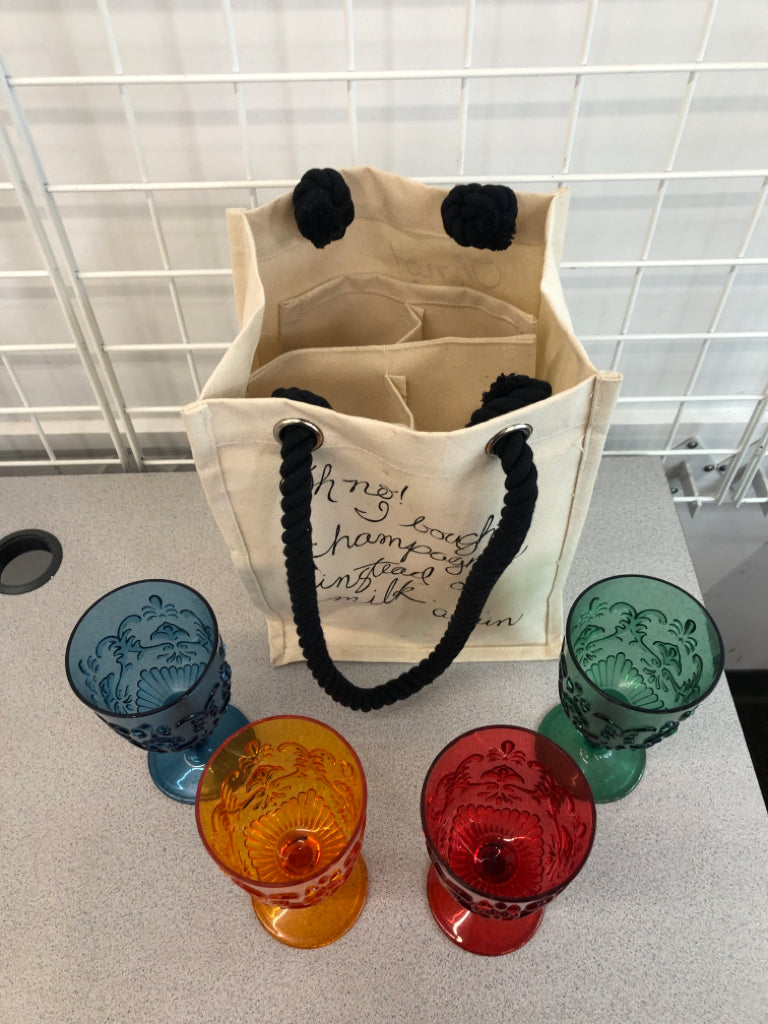 5 OH NO I BOUGHT CHAMPAGNE WINE BAG W/MUTICOLORED PLASTIC GLASSES.