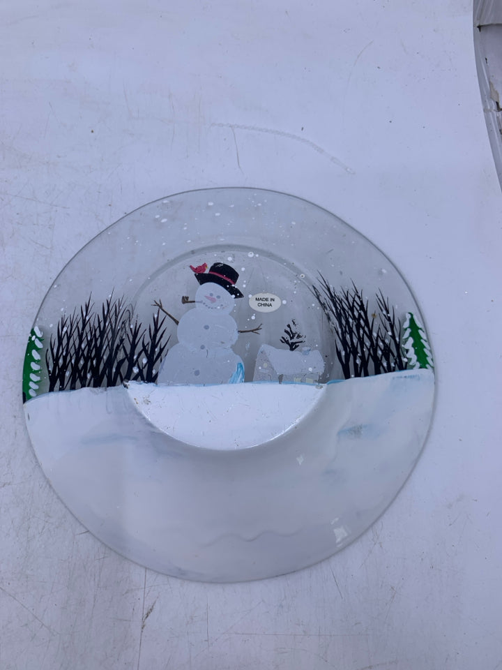 2 PC GLASS CANDLE PLATE/SHADE W/ PAINTED SNOWMEN.