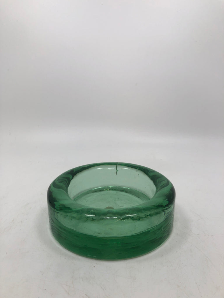 HEAVY GREEN GLASS PILLAR CANDLE HOLDER.