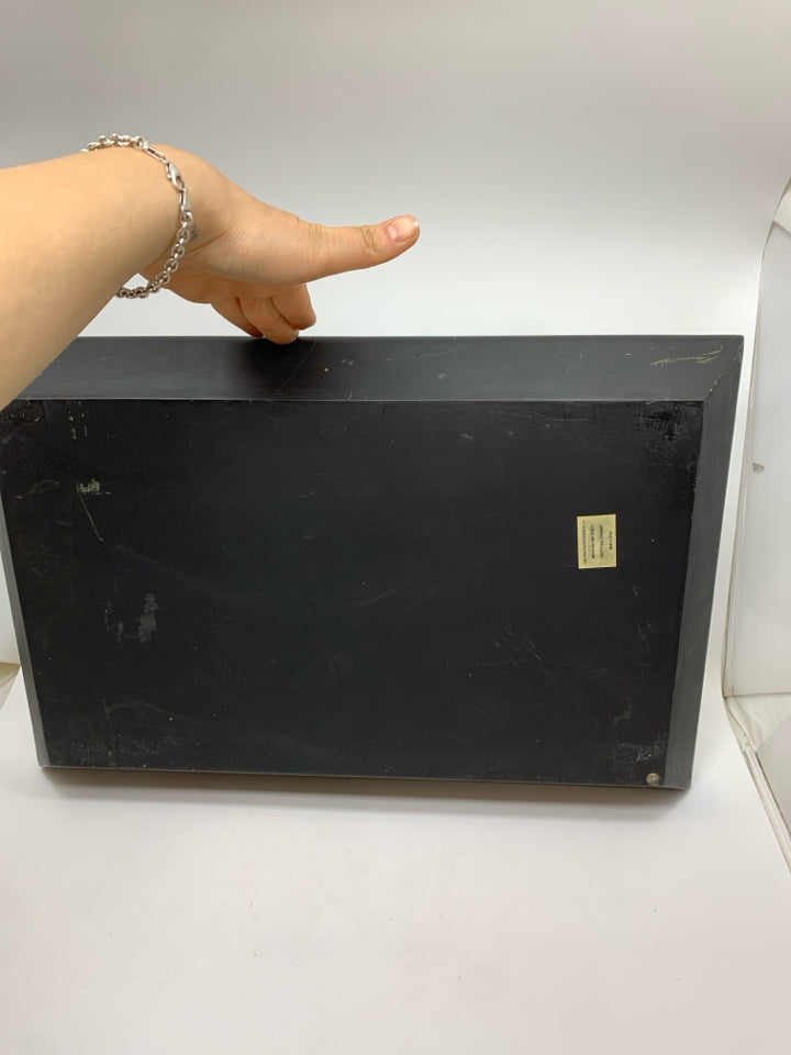 BLACK WOOD DISTRESSED MIRROR TRAY.