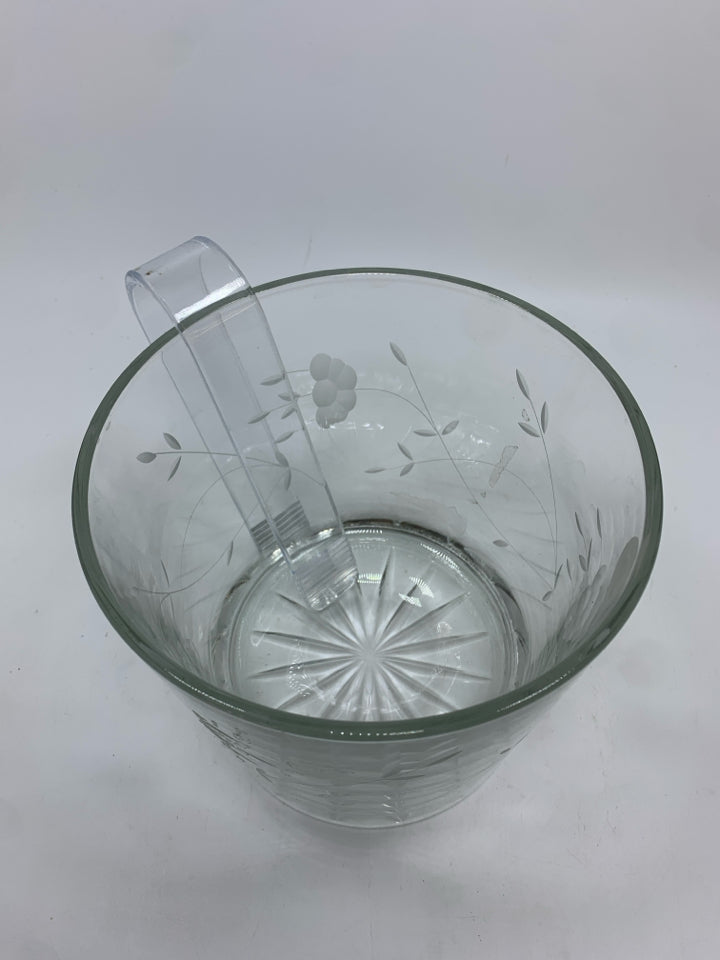 ETCHED GLASS ICE BUCKET W/TONGS- HERITAGE.