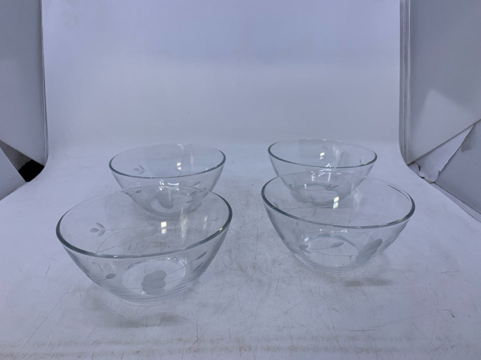 4 ETCHED CEREAL BOWLS.