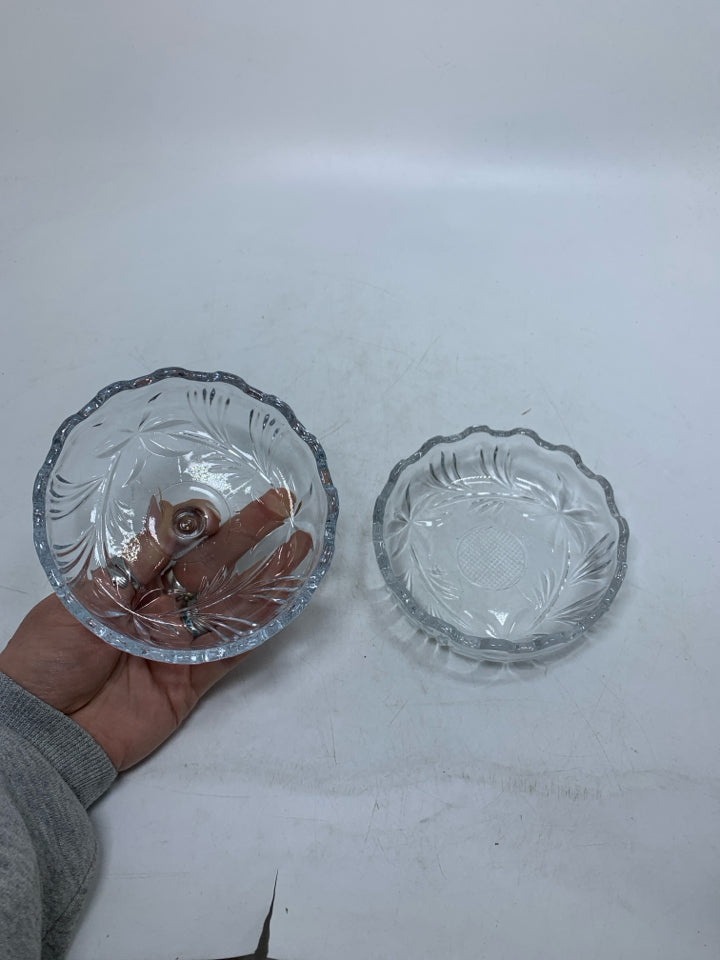 CLEAR GLASS APPLE SHAPED NUT BOWL W/ EMBOSSED FLOWERS.