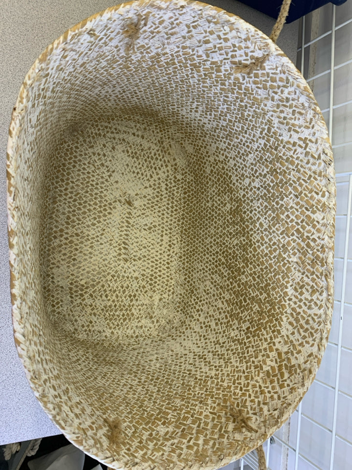 CREAM AND BROWN OVAL BASKET W HANDLES.