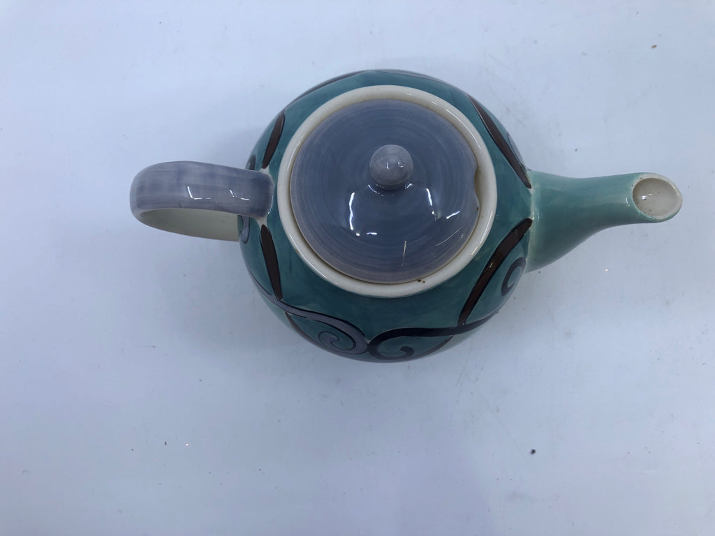 TEAL TEAPOT W/PURPLE PAINTED LID.
