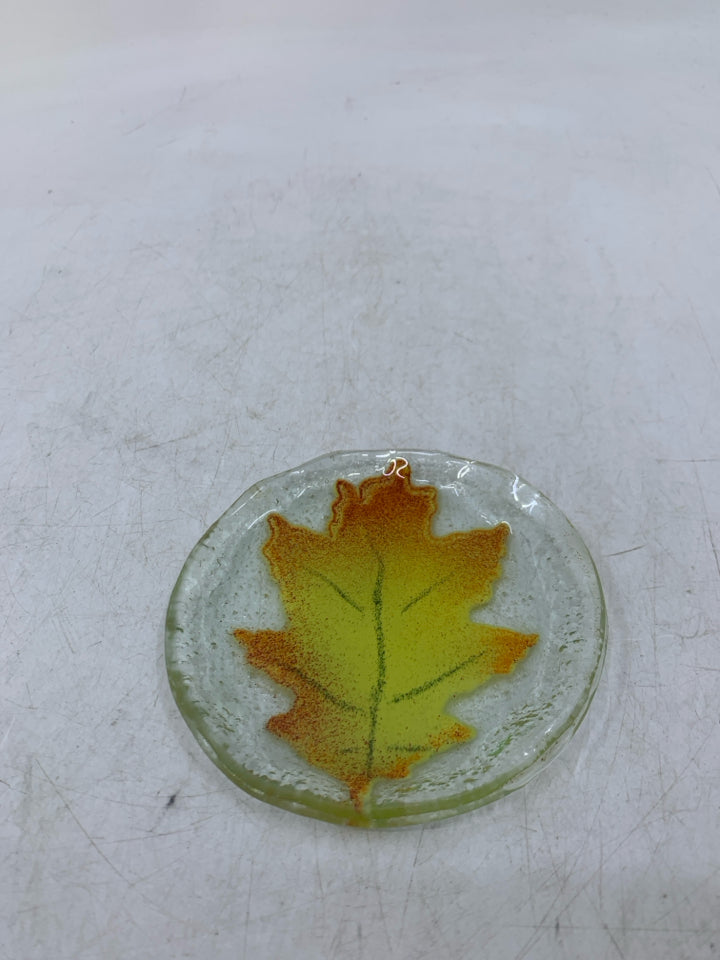 FUSED GLASS ORANGE MAPLE LEAF TRINKET DISH.