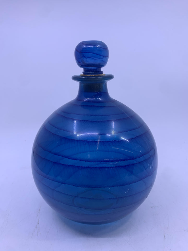 ROUND BLUE GLASS BOTTLE W STOPPER.