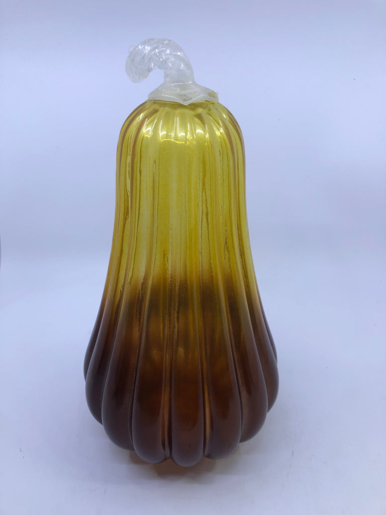 2 AMBER/YELLOW GLASS PUMPKINS W/ WHITE STEM.