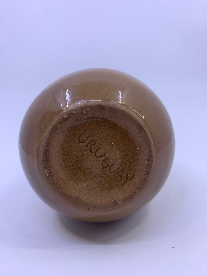BROWN BASE VASE W/ DARK GREEN THIN NECK W/ CARVING.
