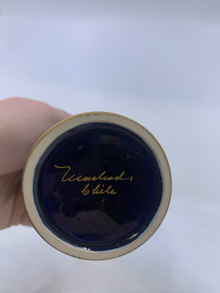 FOOTED COBALT BLUE VASE W/ ROSES.