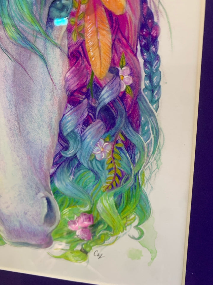 WATERCOLOR UNICORN IN PINK METAL FRAME.