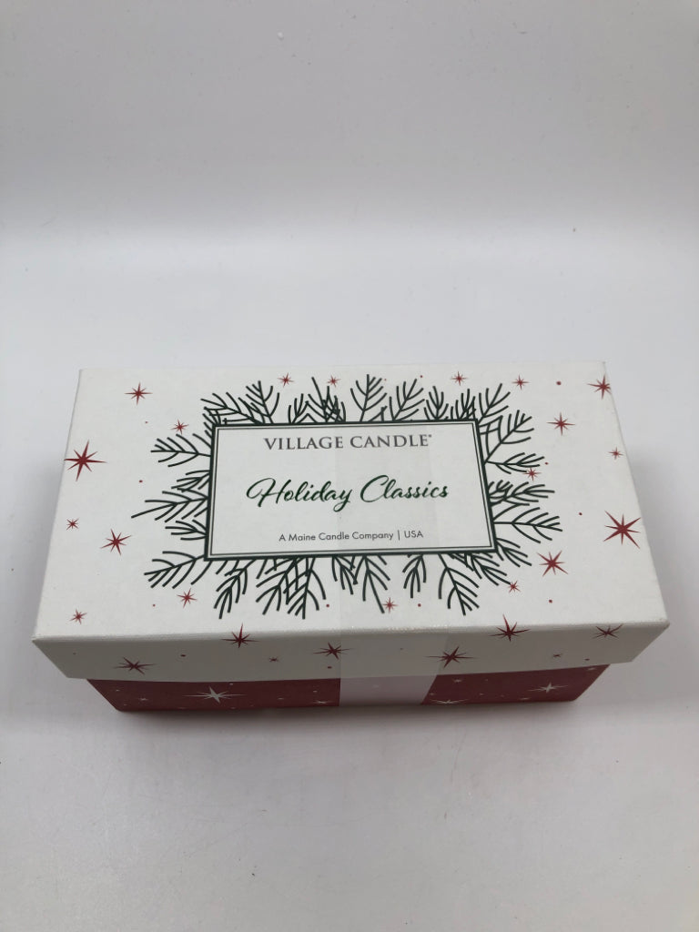 NIB 2 VILLAGE CANDLE BOX SET-BALSAM FIR, CLEMENTINE EVERGREEN.