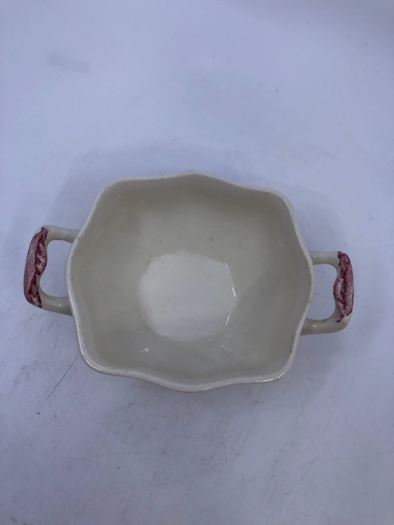 RED ROSE SMALL CERAMIC DISH W/HANDLES.