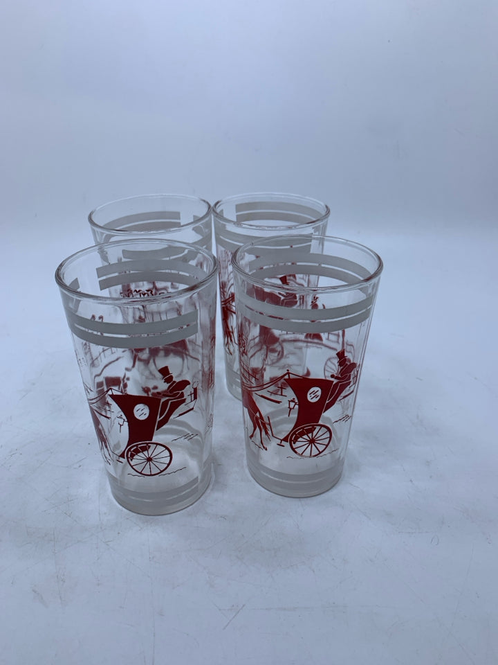 VTG 4 JUICE GLASS W/ PRINTED RED PARK SCENE WHITE DETAILS.