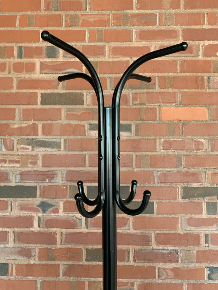 BLACK COAT RACK W/UMBRELLA STORAGE.