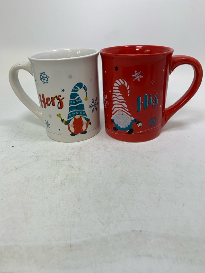 2 HIS/HERS GNOME THEME RED & WHITE MUGS.